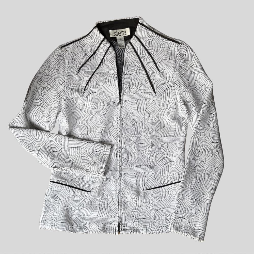 Stera Black & White Artistic Double-Zip Textured Blazer