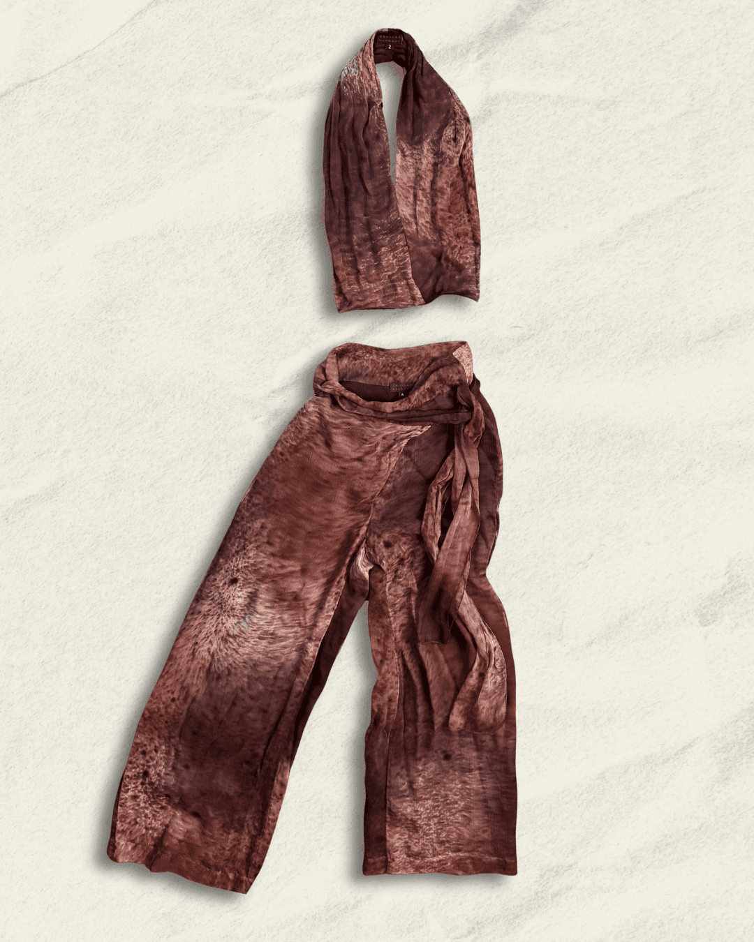 Archival Douglas Hannant SS 2001 crinkled silk runway halter and wide-leg trouser set